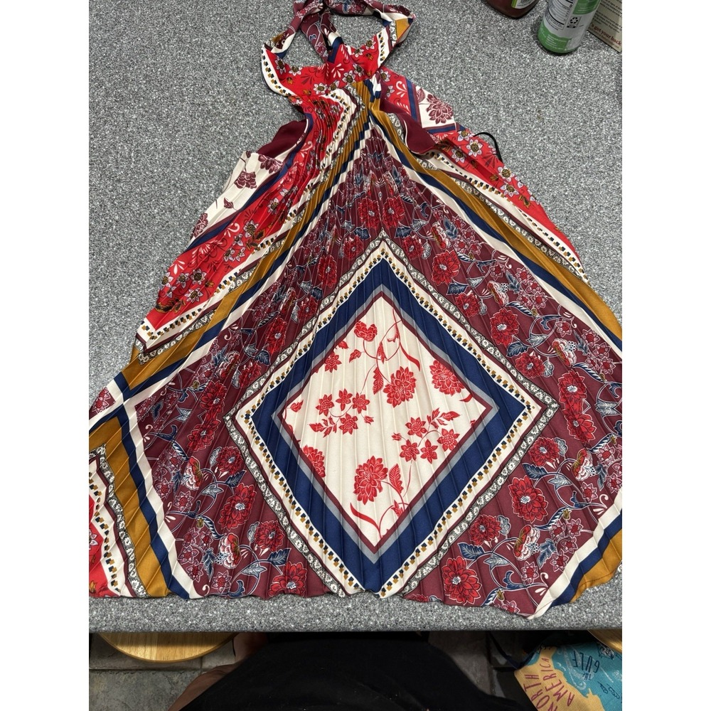 Aakaa Women's Red Floral Summer Smocked Shirt/dress Tie Neck  EUC 0043